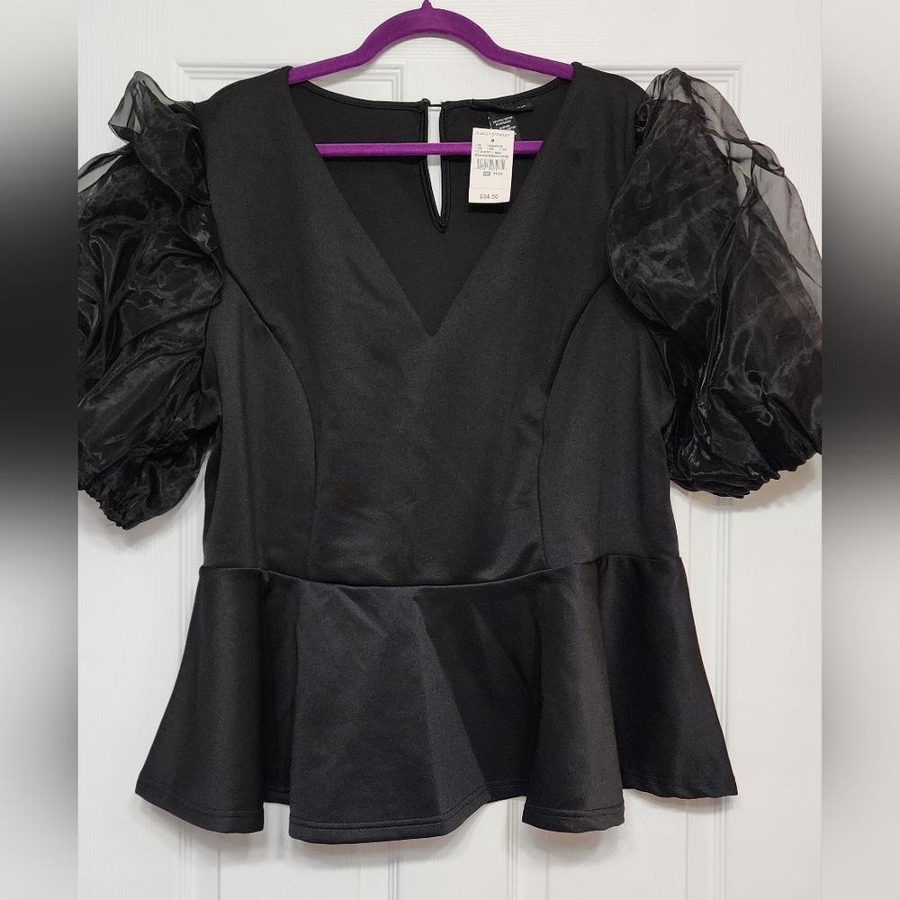 Ashley Stewart Black Peplum Puff Sleeve Blouse